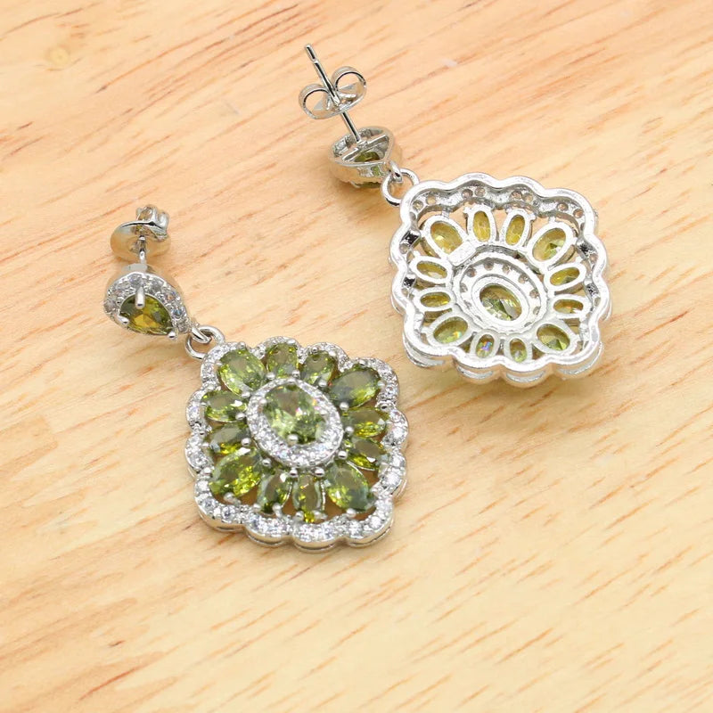 XOTICA 925 Silver Stamp Green Peridot Necklace Earring Set Luxury Wedding Party Jewelry for Women Gift Engagement Anniversary Zircon