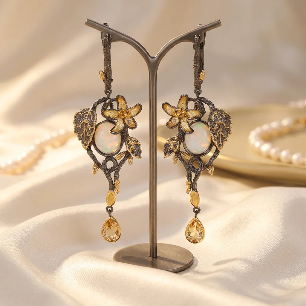 Handmade Indian Vintage 925 Sterling Silver Dangle Women Earrings with Opal Citrine for Party & Gift