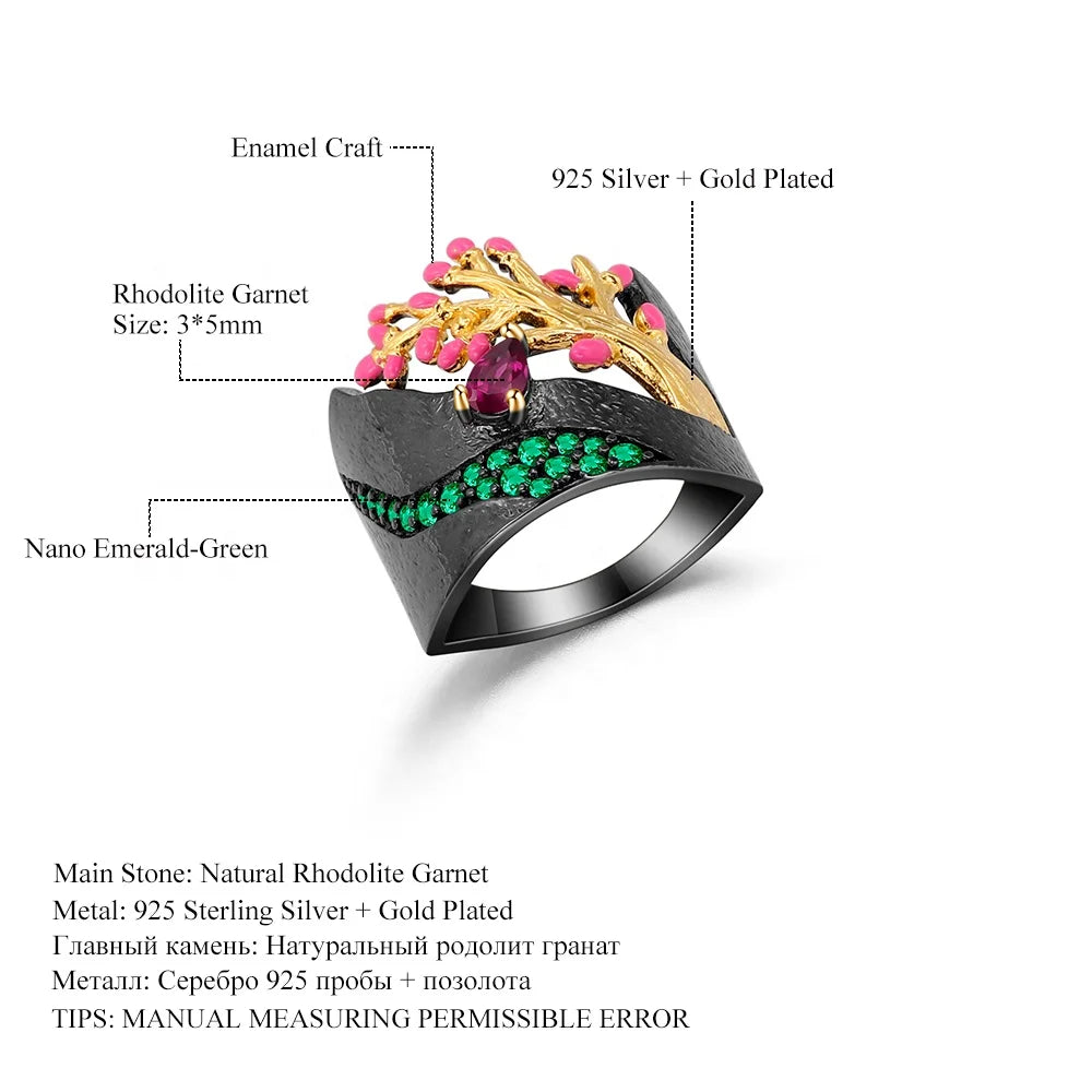 ArtistA C7920 Abiding Custom Enamel Peach Tree Flower Bud 925 Silver Rings with Natural Rhodolite Garnet Gemstone