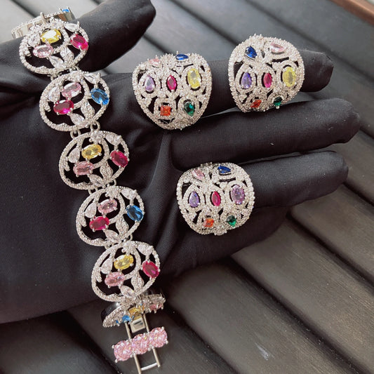 Gemfiori TIANSHE Luxury Colorful Hollow Flower Jewelry 3 Pcs Set Bracelets Ring & Earrings Ethnic Wedding Banquet Ornament for Women