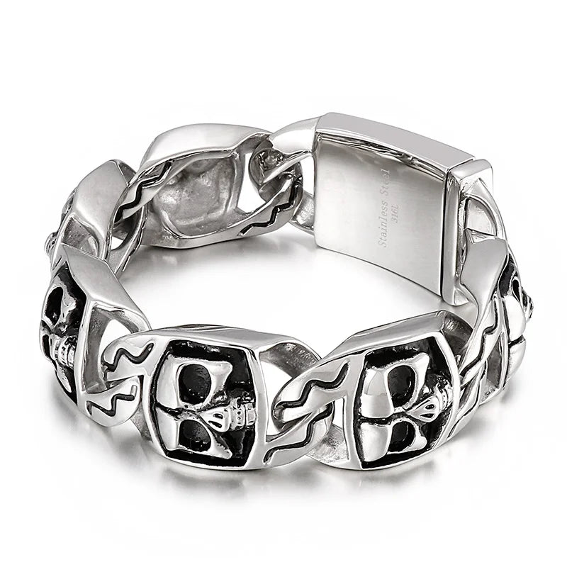 KALEN Mens Punk Style Fine Jewelry Fashion Bracelets Stainless Steel Bold Skull Links Bracelet