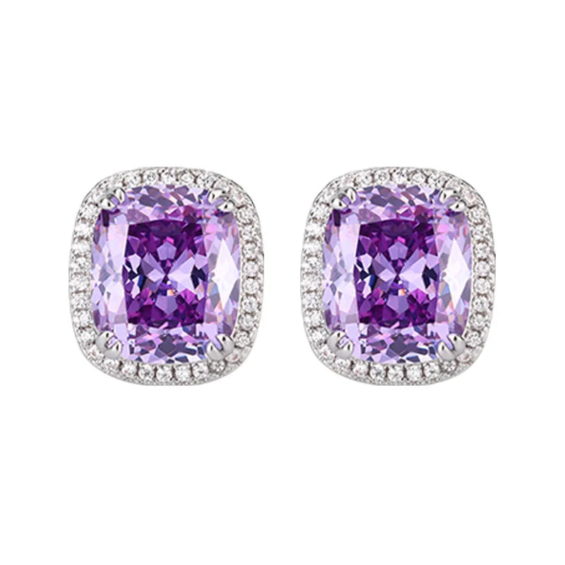 Gemfiori New Versatile Purple Zircon Temperament Pendant Set with Niche Design Ice Flower Princess square Earrings