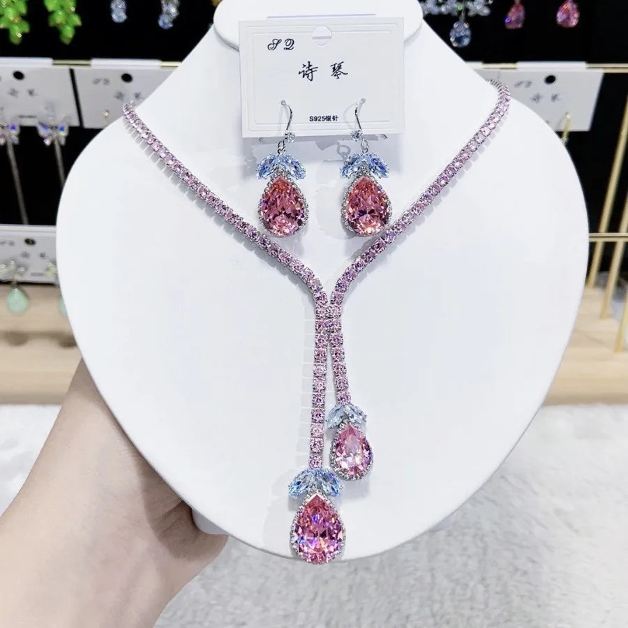K070 Hot Selling Women Trendy Luxury Water Drop Zircon Bridal Necklace Earrings Set Wedding Elegant Jewelry Set