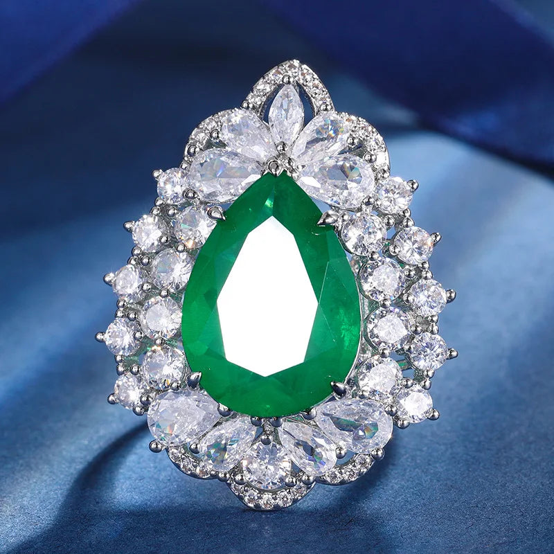 Gemfiori Luxury Pear Cut Gemstone Pendant Necklaces with Matching Ring Double Halo Design Elegant Statement Accessory for Wedding Jewelry