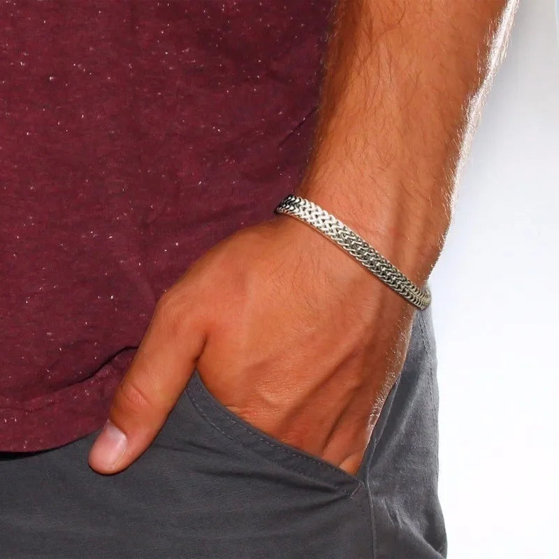 REBEL Stylish Stainless Steel Foxtail Chain Bracelet for Men Double Franco Link Chain Bracelets Jewelry