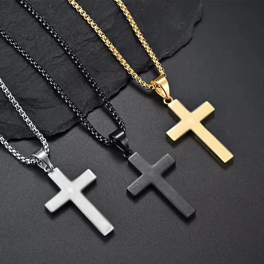 REBEL Simple Men's Stainless Steel Cross Pendant Chain Necklace for Men Fashion Jewelry