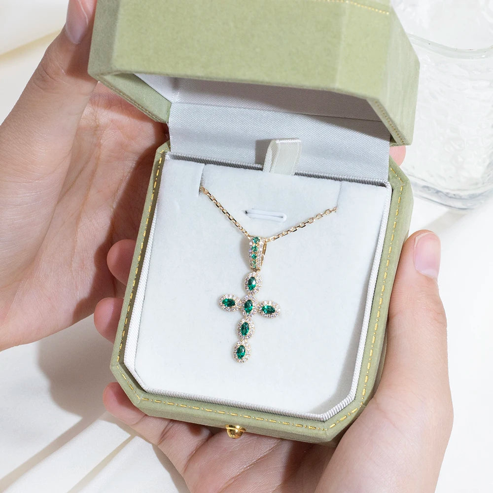 Messi Jewelry MSN-935 14k Yellow Gold Cross Necklace Oval Cut Lab Grown Emerald Necklace