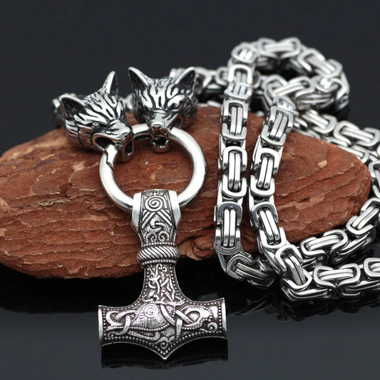 Viking Necklace Mens Vintage Wolf Head Mjolnir Thor Hammer Pendant Norse Jewelry Stainless Steel Emperor Chain Necklace