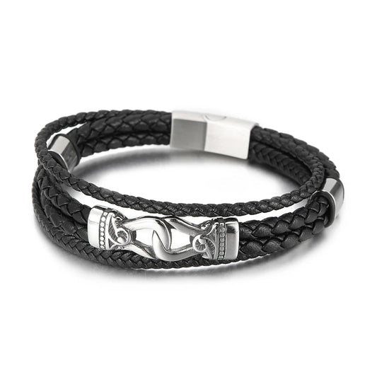 KALEN Mens Stainless Steel Vintage Charm Leather Strand Bracelets Bangles
