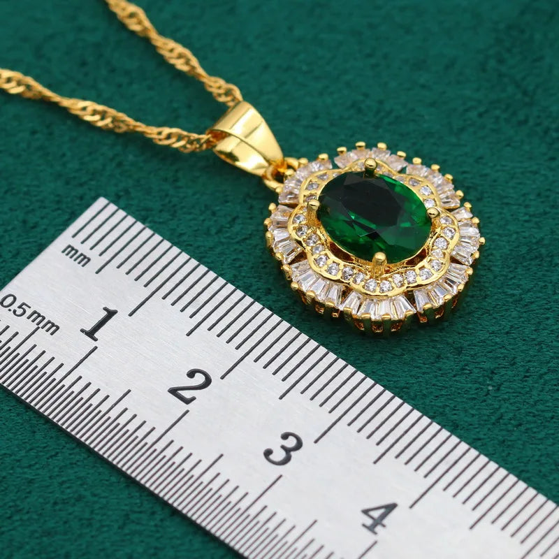 XOTICA Classic Gold Color Green Emerald Jewelry Set for Women Wedding Party Engagement Open Ring Bracelet Earrings Necklace Pendant