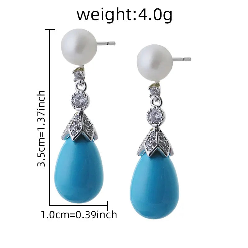 Water Droplet-Shaped Blue Turquoise Zircon Set With Natural Freshwater Pearl Drop Earrings New Design Jewellery  Wome GE1748