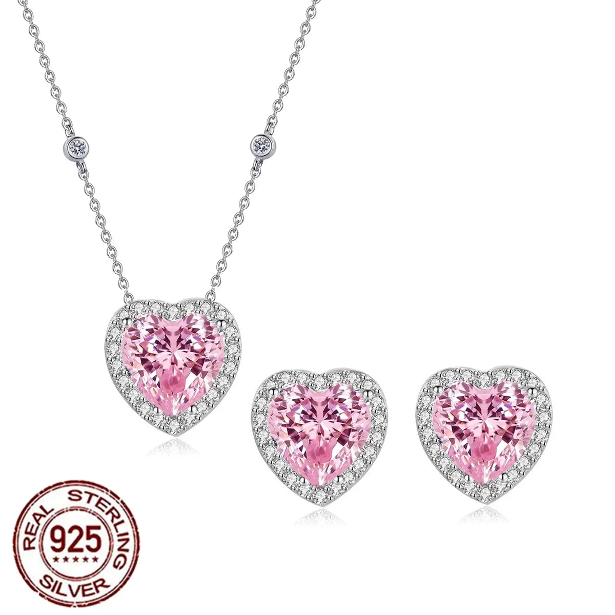 925 Sterling Silver Rhodium Plated CZ Pendant Necklace & Earrings Set with Pink Heart Cut for Women-Wedding Engagement Gift