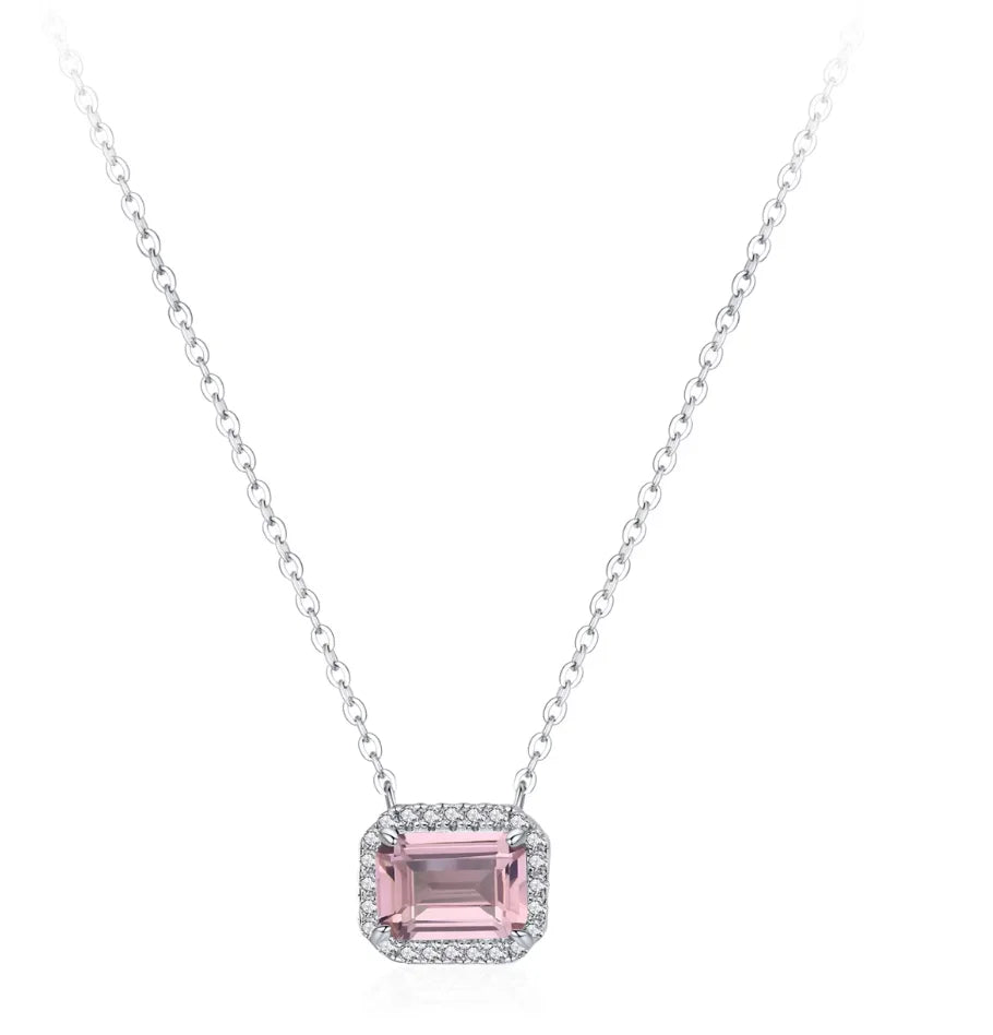Wholesale 925 Sterling Silver Light Luxury Pink Square Sugar Earring Necklace Advanced Emerald Jewelry Set Gift Set