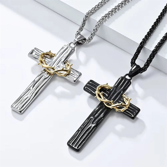 Hip Hop Wreath Wood Grain Religious Cross Anti Non Tarnish Free WaterProof Stainless Steel Fashion Jewelry Pendant Necklaces Men