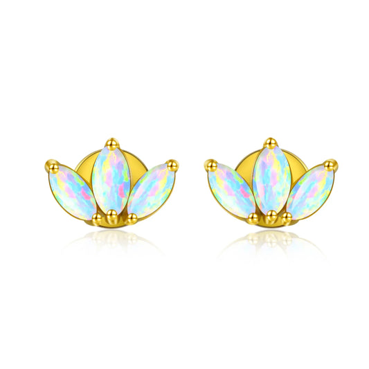 Flower Opal Stud Earrings - Blue Fire Opal Eye Detail Design | Playful Daily Jewelry Bulk Gifts