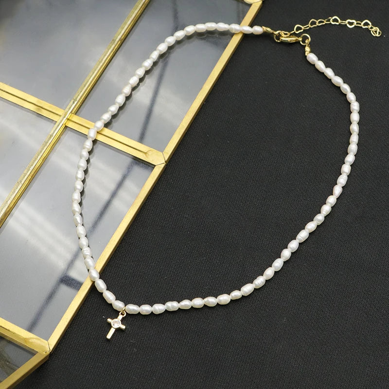 Natural Freshwater Pearl Zircon love Pendant Necklace Gold-plated White Simple Fashion Fine Jewelry Necklace for Girlfriend Gift
