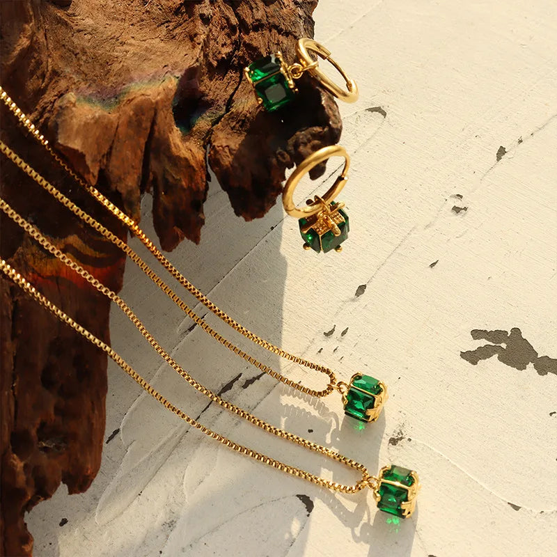 Four-Claw Emerald Zircon Necklace & Drop Earrings | Tarnish-Free Stainless Steel Editorial Fashion Jewellery