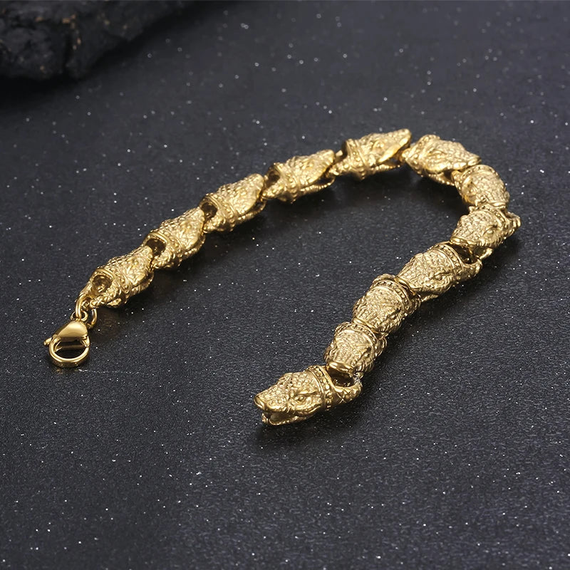 REBEL 220mm Men Punk Silver/Gold Stainless Steel Snake Head Links Bracelet