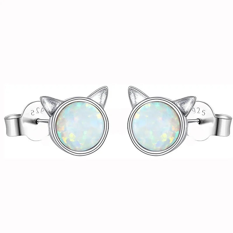 Adorable Cute Animal Cat Head Opal Drop Earrings Copper Alloy Christian Dainty Gift for Women