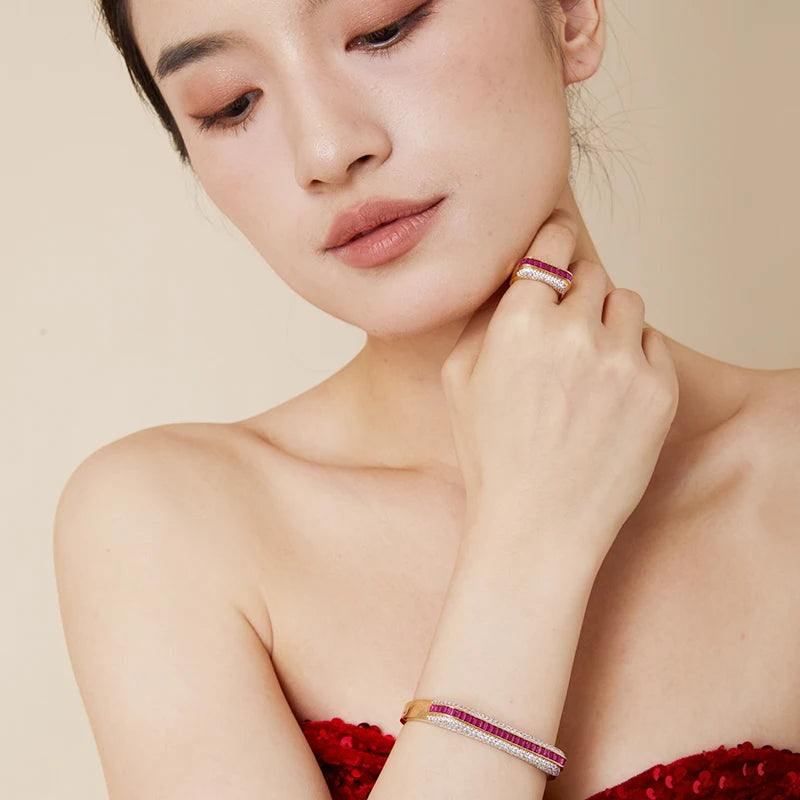 S&S High End Gold-plated Earrings Rings Bracelets Set Paired with square Red Gemstone Fashionable Couple Wedding Matching Jewelry