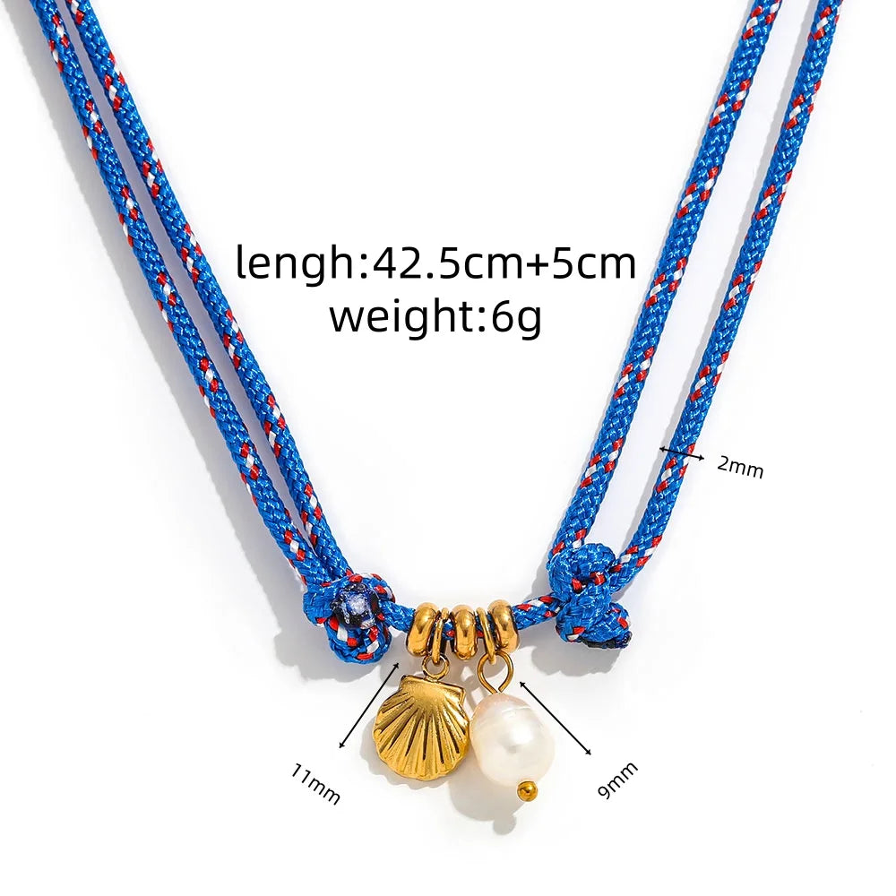 Joolim PVD Plated Wholesale Waterproof Fashion Nautical Shell Pearl Pendant Nylon Rope Chian Necklace Stainless Steel Jewelry