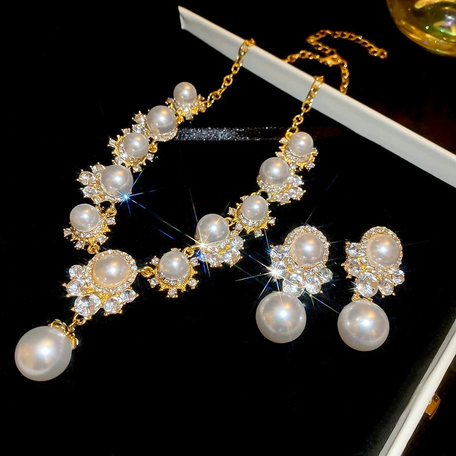 XM S387 Gold Plated White Pearl & Zircon Crystal Teardrop Pendant Necklace & Drop Earrings Set