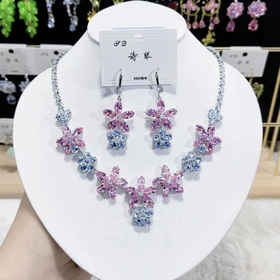K077 High End Women Exquisite Luxurious Pink Flower Zircon Bridal Necklace Earrings Set Wedding Elegant Jewelry Set