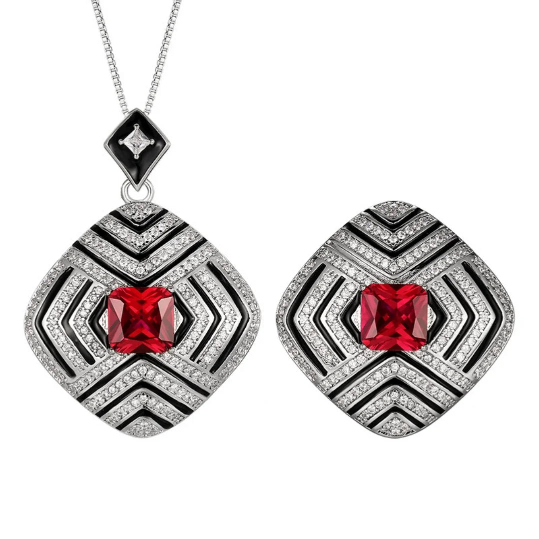 S&S Gold Plated Red Corundum Square Zircon Pendant & Ring Set – Collection