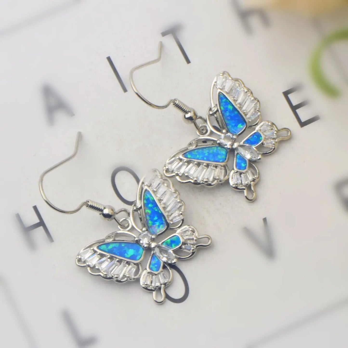 Aobao Silver Plated Brass Opal Christian Butterfly Earrings Bohemian Style Women's Gift
