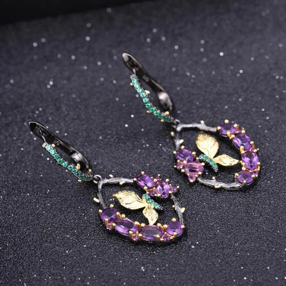 ArtistA C7749 Handmade 925 Sterling Silver Jewelrt Set Purple Amethyst Gemstone Butterfly Dangle Earrings Adjustable Ring