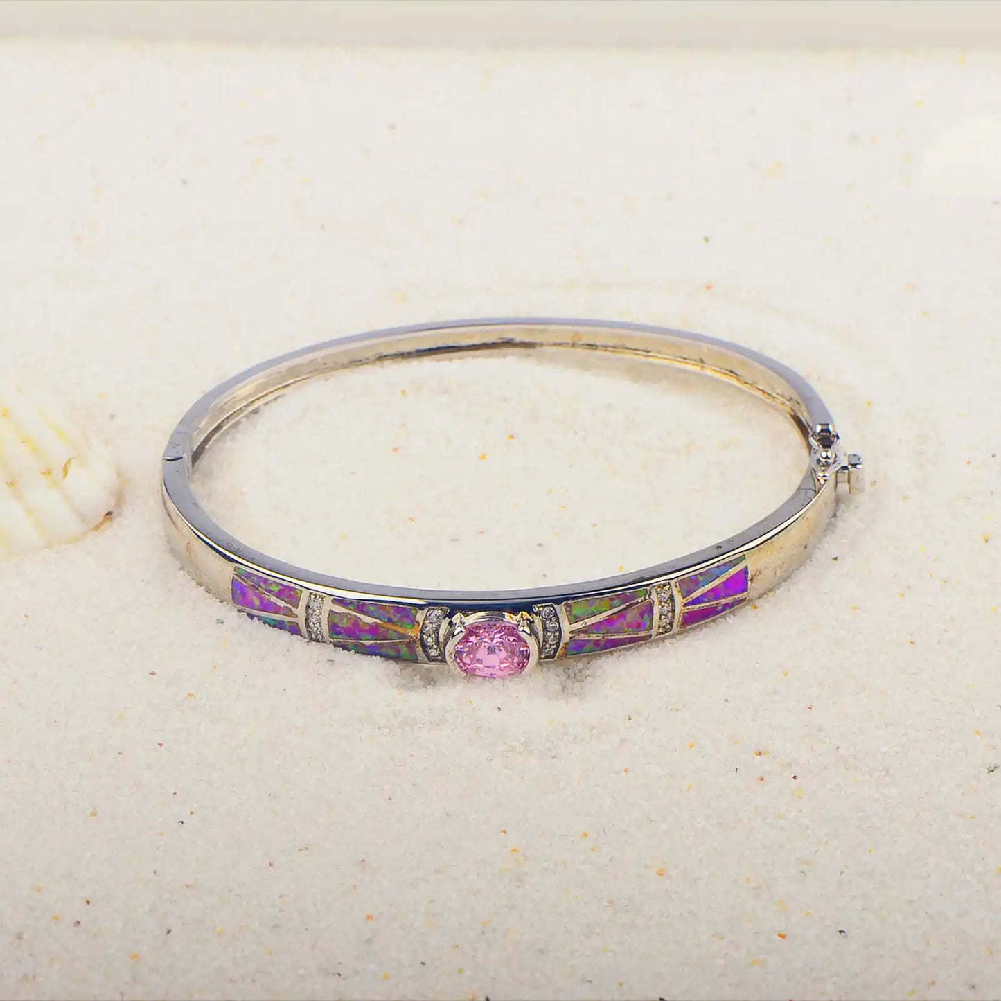 pink  Opal Bangle Aobao Geometric Inlaid Silver Tone Fashion Jewelry