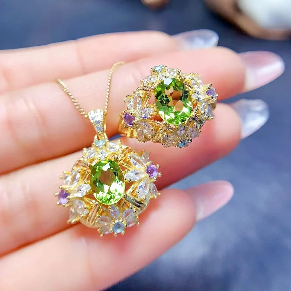 REDheart Luxury Gold Plated 925 Sterling Silver Natural Peridot Claw Setting Necklace Ring Kids Jewelry Set Wedding Party Birthday Gifts