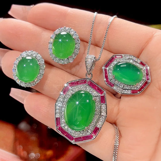 Gemfiori New Hot Selling High-quality Jewelry Simulation Green Chalcedony Zircon Retro Light Luxury Set