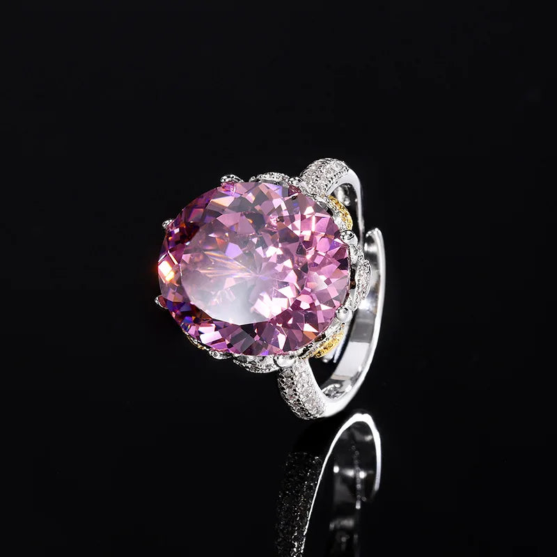 Gemfiori French Zircon Round Pendant Ring with a Light Luxury and High-end Feel Adjustable Ring Court Style Gentle and Fashionable Set
