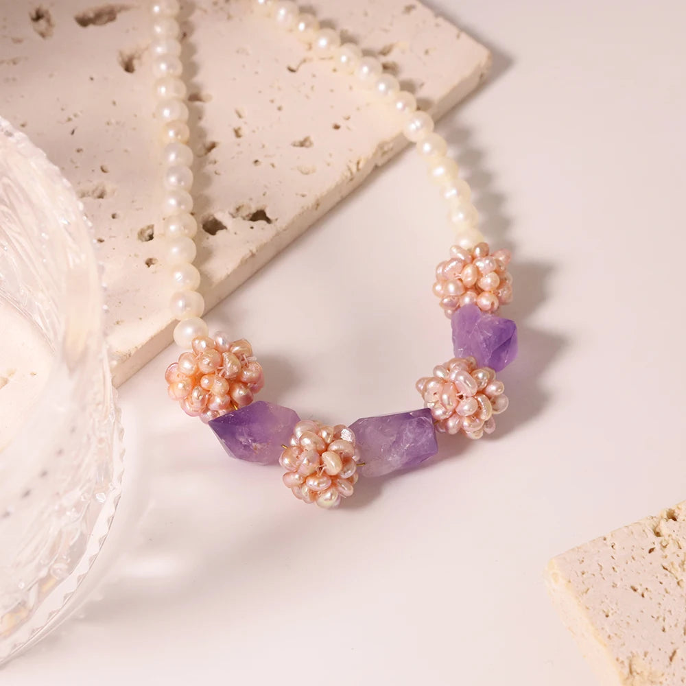 Amethyst Flower Ball Decorative Necklace Natural Freshwater Pearl Flower Cluster Necklace Hand Beaded