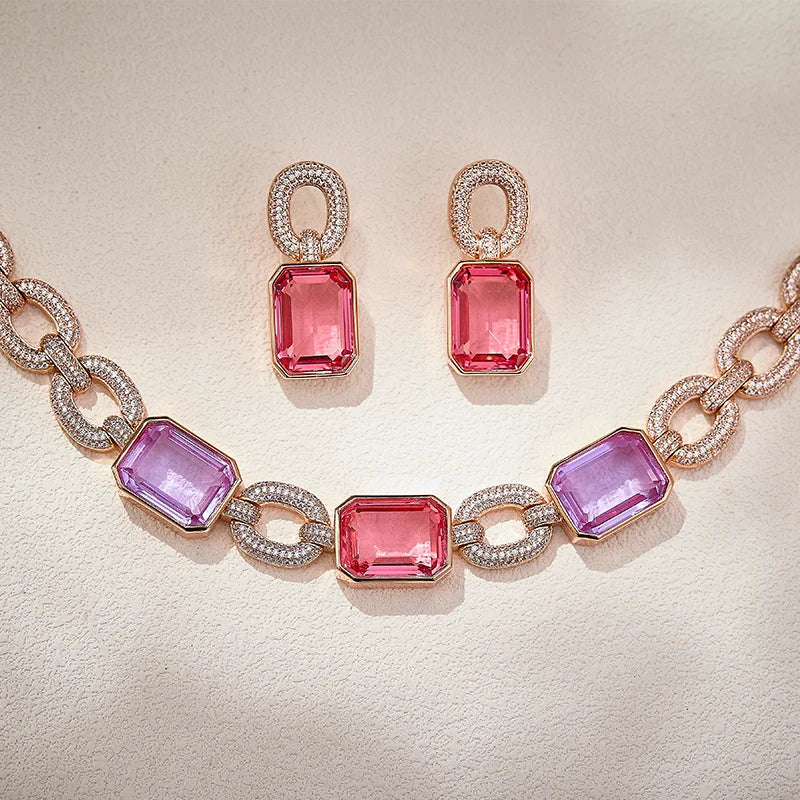 Rose Gold Pink Purple Set Modern Geometric Cutting Gem Neck Chain Earring Combination Exquisite Spicy Girl Banquet Party Jewelry