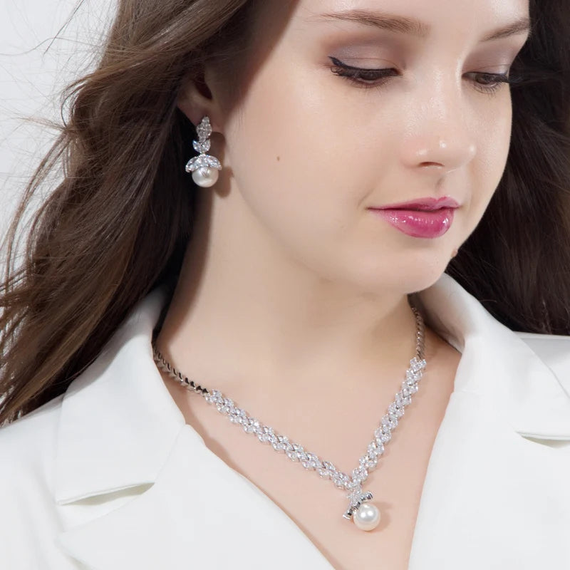 3pcs Silver Color Marquise Cut Cubic Zirconia Big Pearl Drop Earring Bracelet Necklace Jewelry Sets Ladies Bridal Wedding Custom