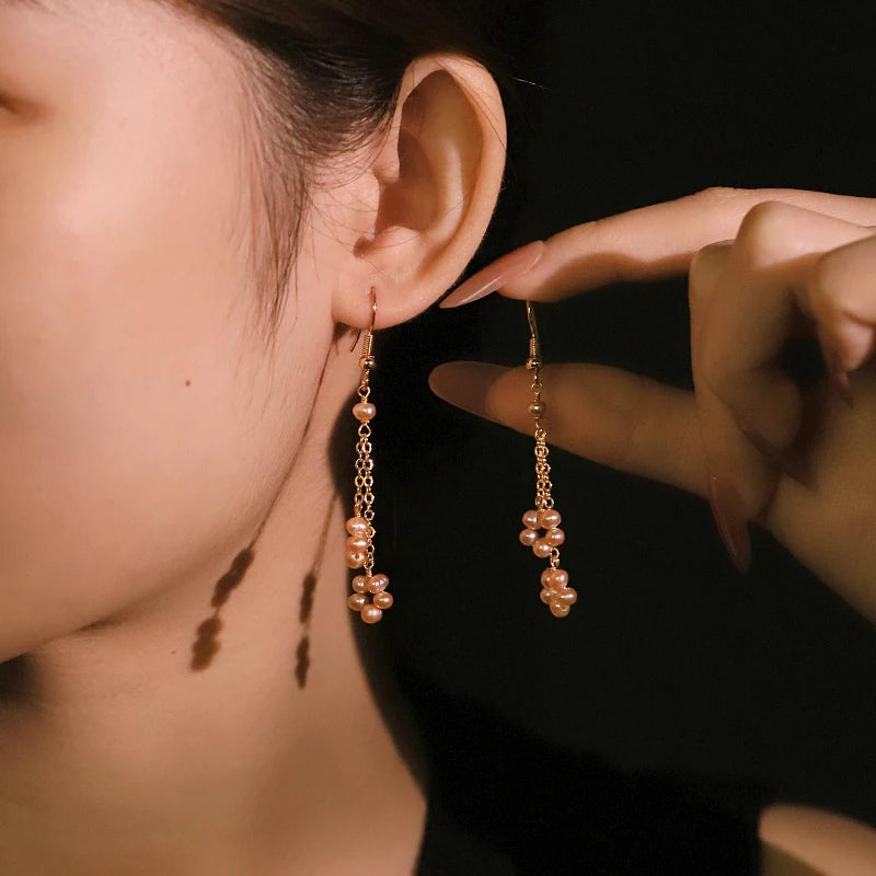Pink Natural Pearl Chain Earrings Handmade Design Earrings Gift Banquet Wedding Women's Jewelry GE1814