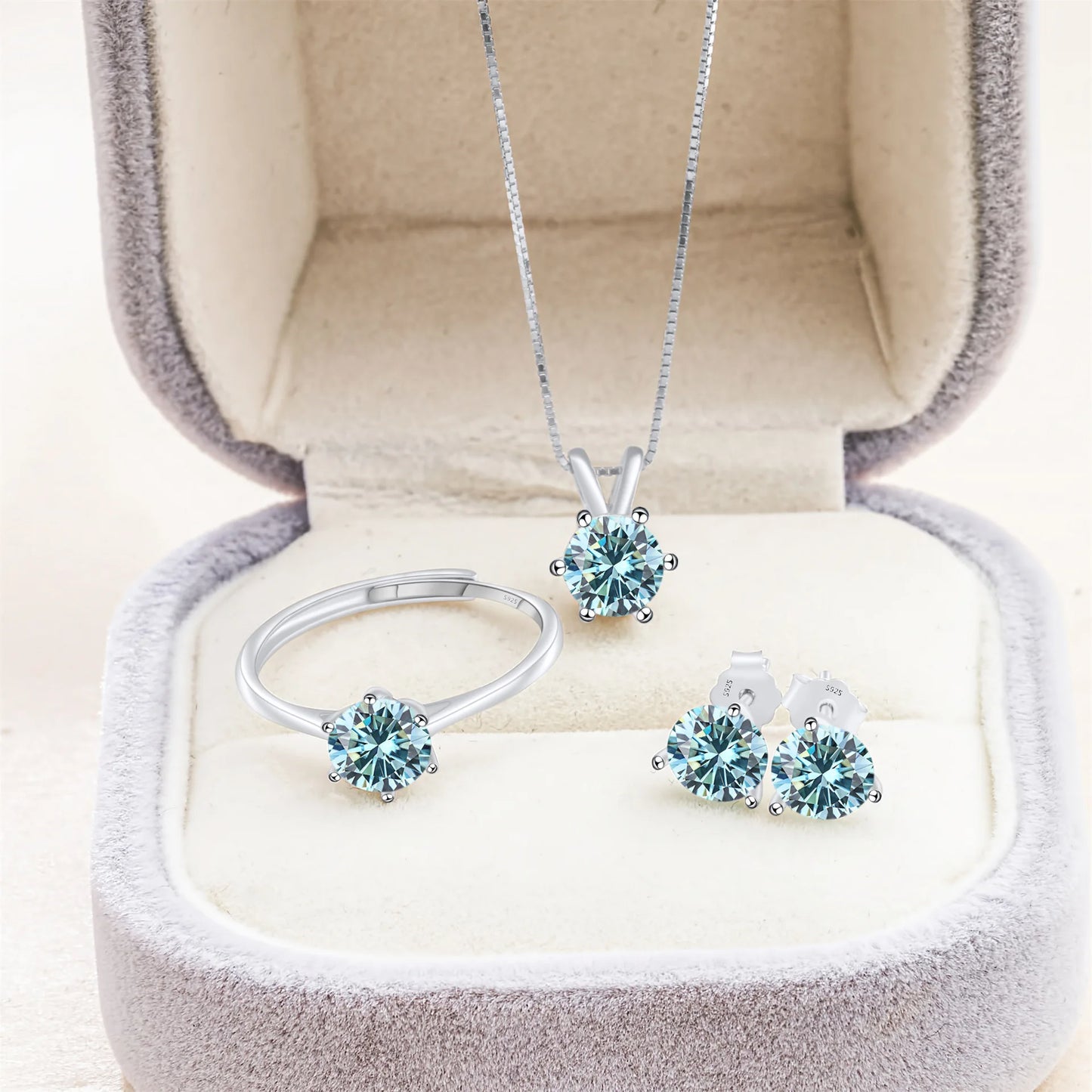 Simple D Color VVS1 GRA 1CT Round Cut Colored Moissanite Jewelry 925 Silver Wedding Ladies Necklace Earrings Ring 3 Piece Sets