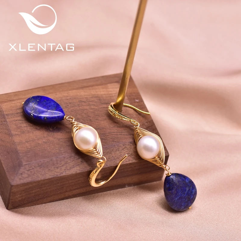Natural Lapis Lazuli Pendant Earrings Boho Aesthetic Stone Hook Accessories for Women Romantic Fine Jewelry