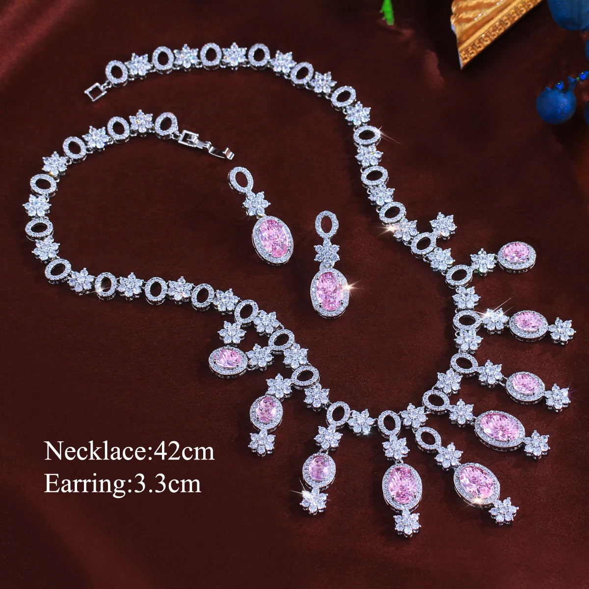 Flower Oval Cut Pink Cubic Zircon Tassel Necklace Earrings Luxury Wedding Engagement Jewelry Set for Women Birthday's Gifts