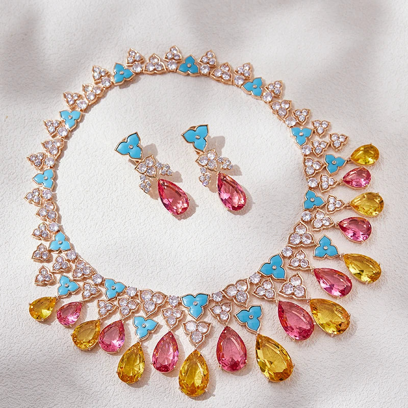 Customized Gold Plated Inlaid Zircon Green Floral Evening Dress for High-end Dubai Jewelry Necklace Earrings Set for Women