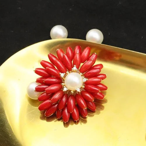 Red Coral Natural Pearls Fashion Accessories Set Fine Woman Ring Earrings Necklace Luxury Customized Jewelry Wedding