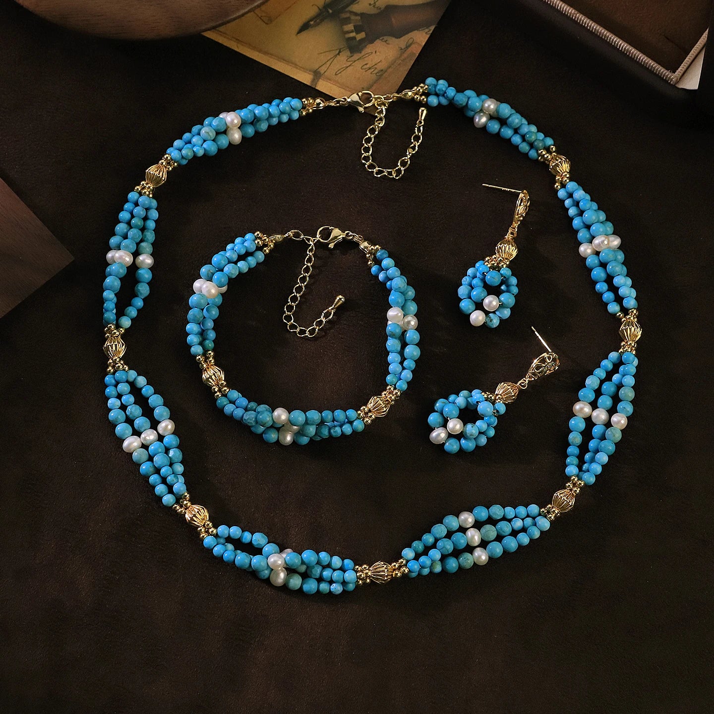 GLSEEVO Natural Pearl & Turquoise Three-Piece Necklace, Earrings & Bracelet Set — Bohemian Style | Blue