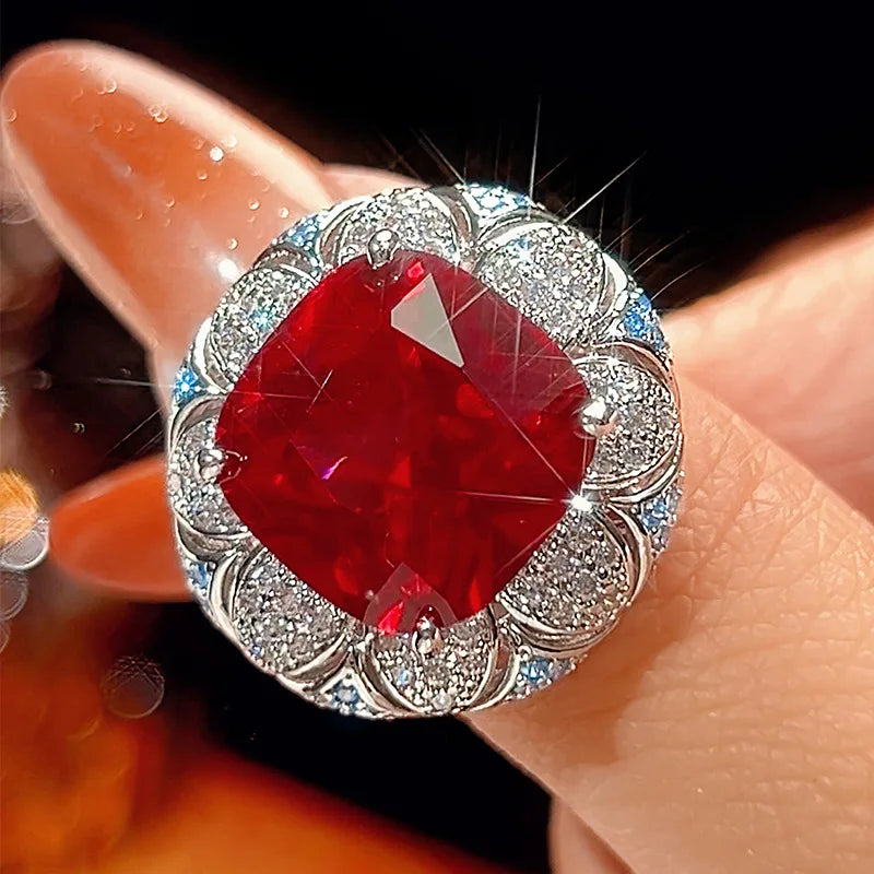 REDheart Women's Classical Grain Copper Inlaid Zircon Gold-Plated Flower Shape Opening Ring Simulation Blue Spinel Retro Set