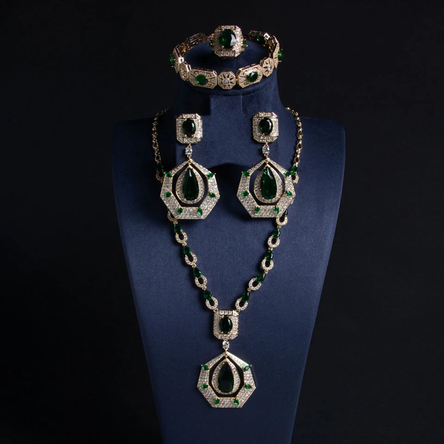 Luxury Round Brilliant-Cut Zirconia 4-Piece Gulf Bridal Set — Necklace, Bracelet, Earrings & Ring — Rhodium & Gold Plated