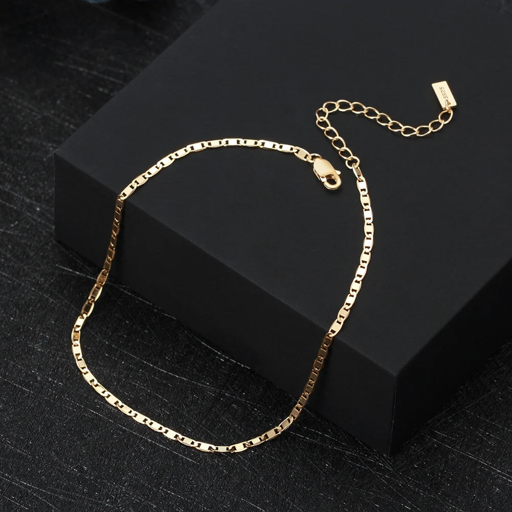 RINNTIN 14K Gold Color Adjustable Link Bracelet Anklet for Women Beach Foot Jewelry 925 Sterling Silver Leg Cuban Chain Anklets