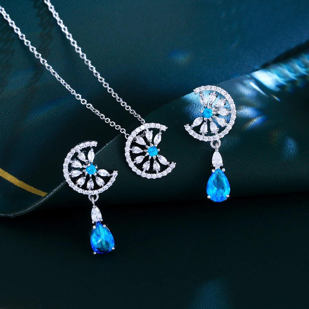 Dainty Blue Water Drop Cubic Zirconia Engagement Half Round Pendant Necklace and Earrings Fashion Jewelry Set for Women