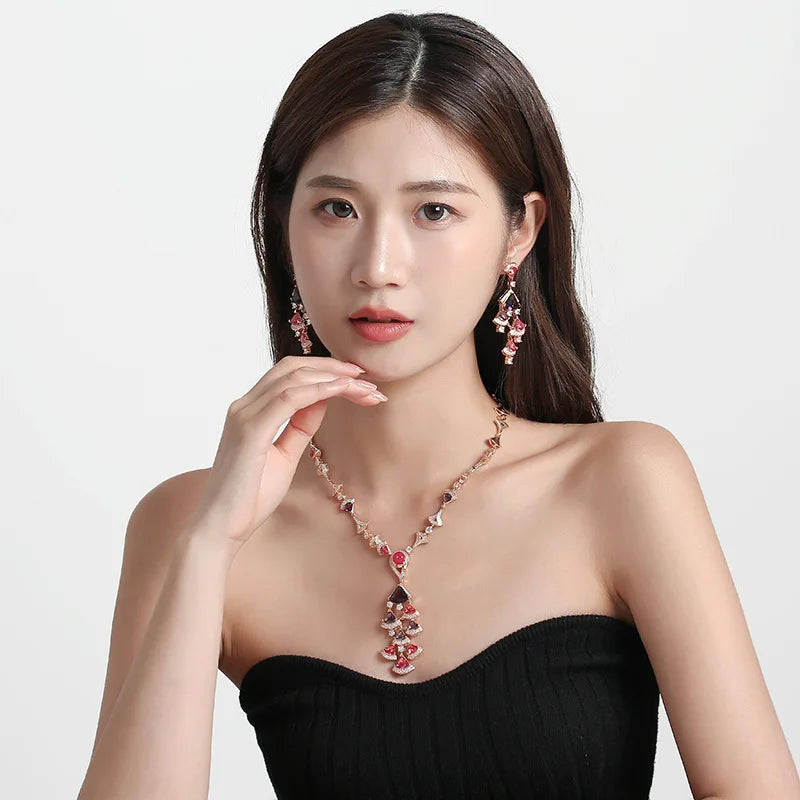 Luxury Zirconia Fan Design Pendant Necklace & Earrings Classic Middle Eastern Bridal Set — Rhodium Plated
