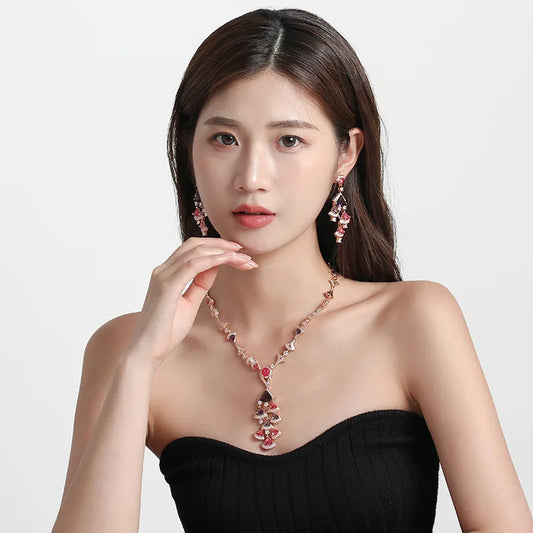 Luxury Zirconia Fan Design Pendant Necklace & Earrings Classic Middle Eastern Bridal Set — Rhodium Plated
